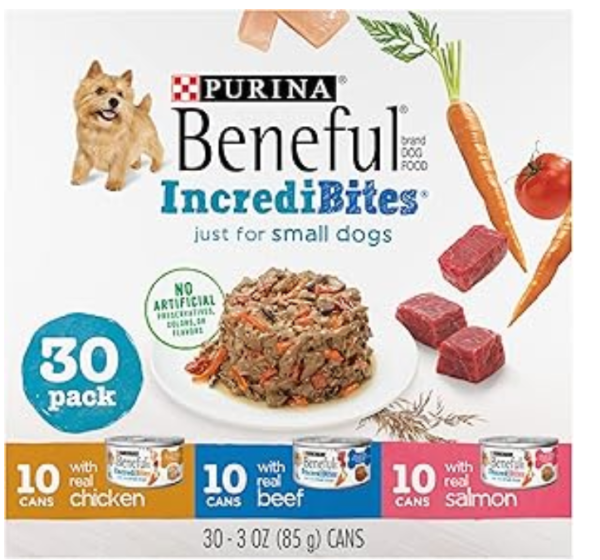 Purina Beneful Small Breed Wet Dog Food Variety Pack, IncrediBites With Real Beef, Chicken and Salmon - (Pack of 30) 3 Oz. Cans